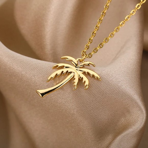 Gold Palm Tree Pendant Necklace Stainless Steel Coconut Tree, Beach Tropical - Picture 4 of 5